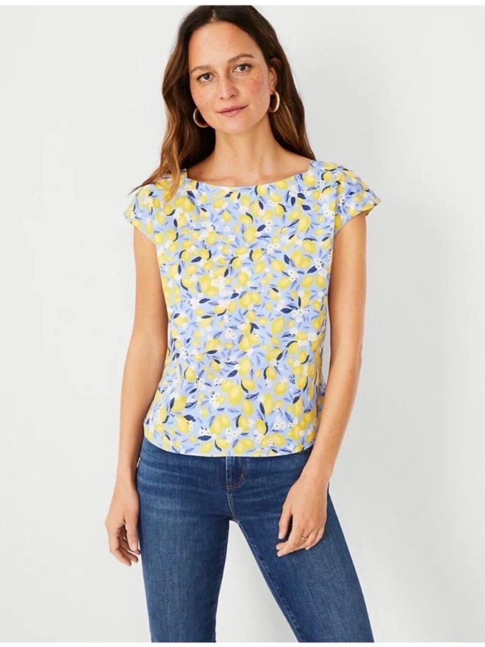 Ann Taylor Lemon Print Cap Sleeve Blouse - Yellow & Blue - Size Small
